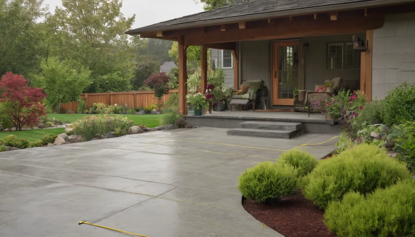 Finished gray concrete patio with outdoor chairs beside a wood-frame home in the Lake Oswego area