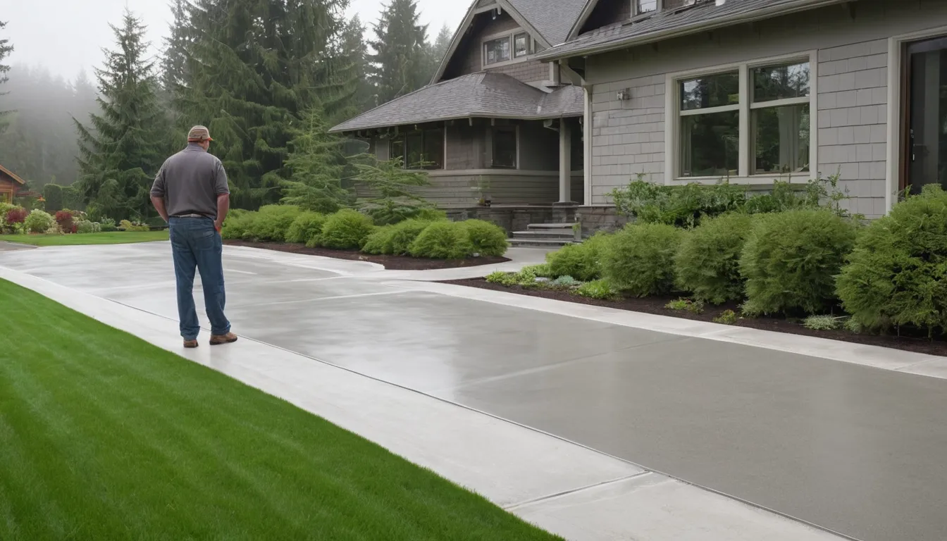 A freshly poured concrete driveway beside a wood-frame home in Lake Oswego