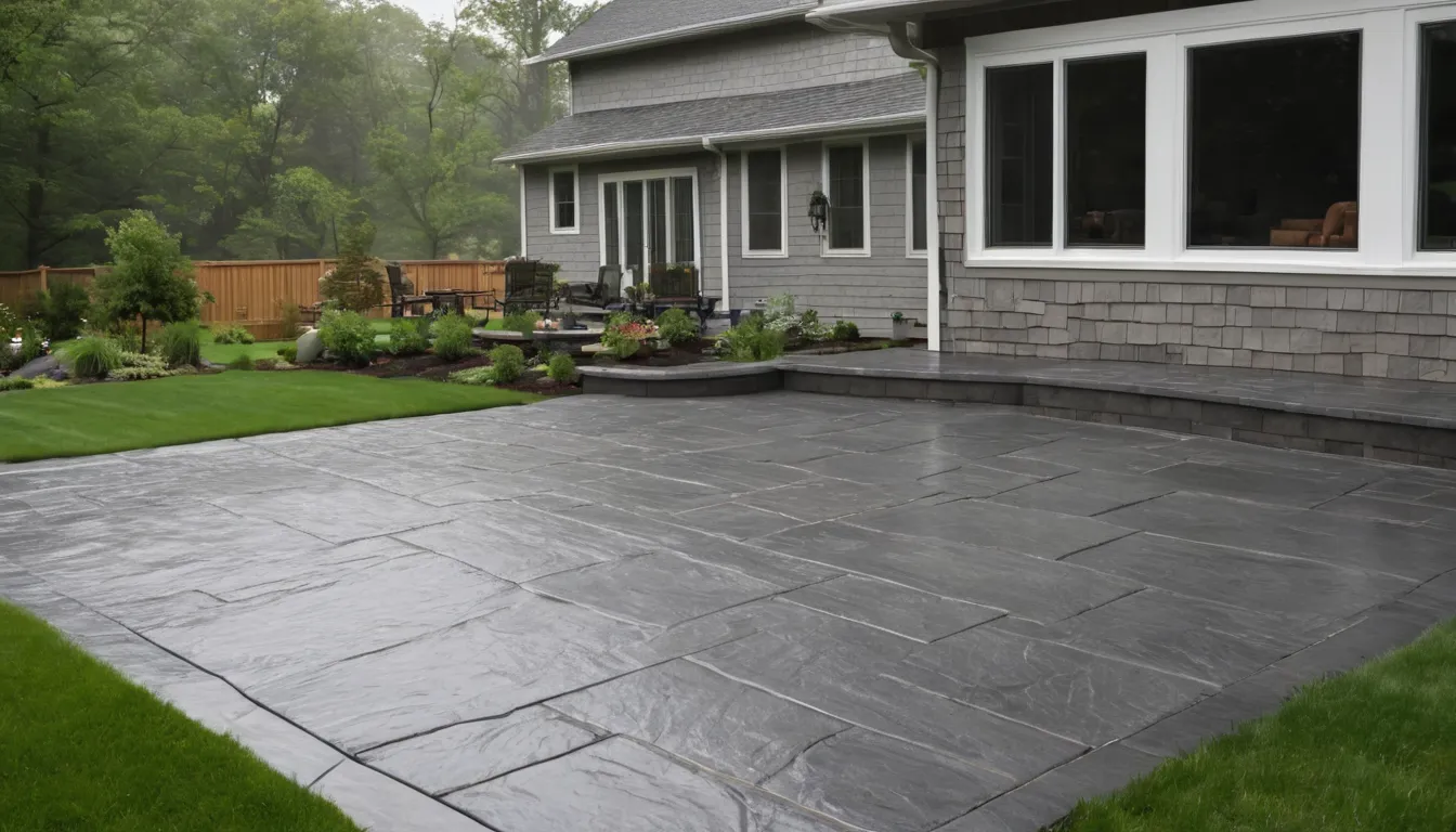 Finished stamped concrete patio with a slate pattern behind a wood-frame home in the Lake Oswego area